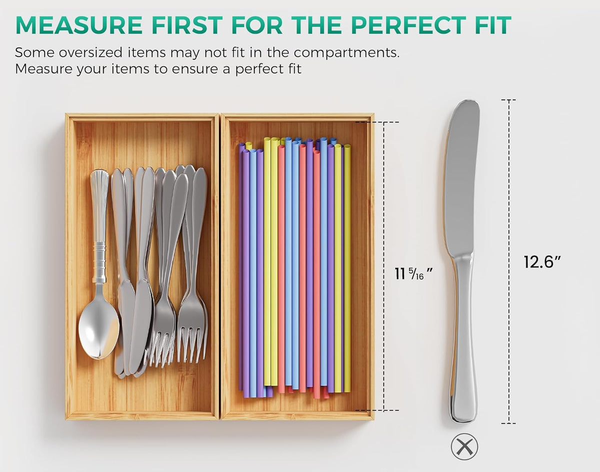 Long Bamboo Kitchen Drawer Organizer Boxes 17" x 6" Wood Pantry Organizers | Set of 2 Stackable Wooden Silverware Utensil Tray for Drawers Bins Cutlery & Flatware Storage for Junk Drawer Bathroom Rv