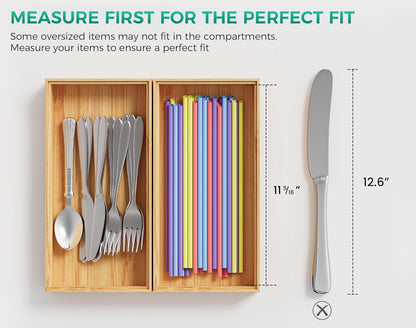 Long Bamboo Kitchen Drawer Organizer Boxes 17" x 6" Wood Pantry Organizers | Set of 2 Stackable Wooden Silverware Utensil Tray for Drawers Bins Cutlery & Flatware Storage for Junk Drawer Bathroom Rv