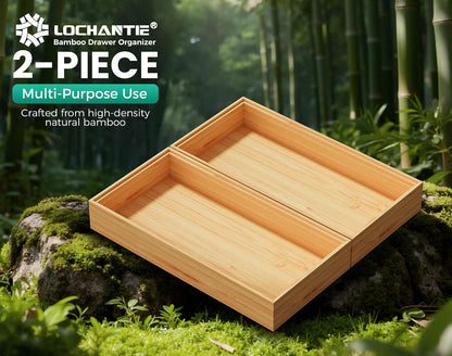Long Bamboo Kitchen Drawer Organizer Boxes 17" x 6" Wood Pantry Organizers | Set of 2 Stackable Wooden Silverware Utensil Tray for Drawers Bins Cutlery & Flatware Storage for Junk Drawer Bathroom Rv
