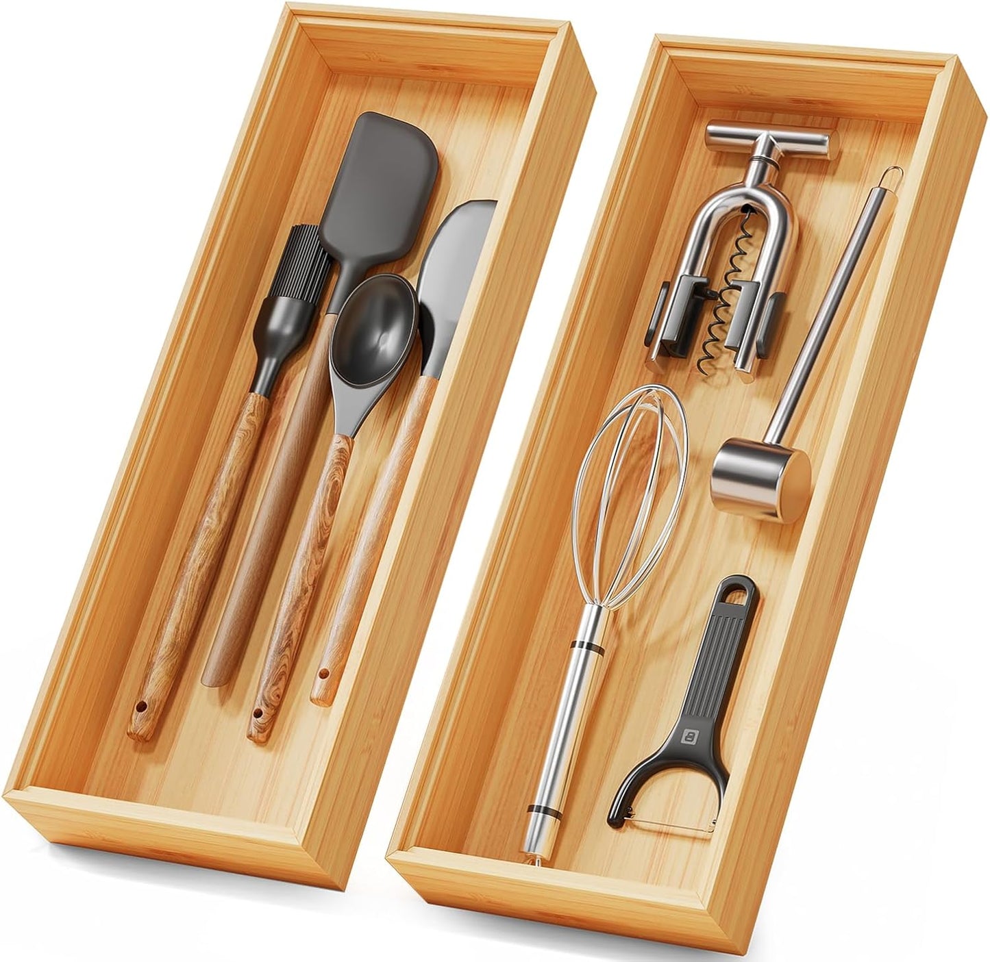Long Bamboo Kitchen Drawer Organizer Boxes 17" x 6" Wood Pantry Organizers | Set of 2 Stackable Wooden Silverware Utensil Tray for Drawers Bins Cutlery & Flatware Storage for Junk Drawer Bathroom Rv