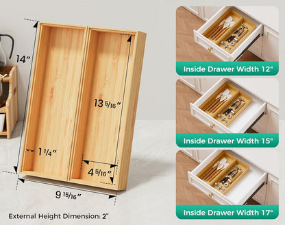 Long Bamboo Kitchen Drawer Organizer Boxes 17" x 6" Wood Pantry Organizers | Set of 2 Stackable Wooden Silverware Utensil Tray for Drawers Bins Cutlery & Flatware Storage for Junk Drawer Bathroom Rv