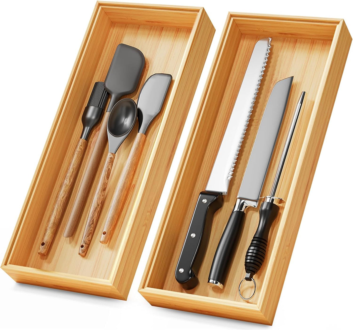 Long Bamboo Kitchen Drawer Organizer Boxes 17" x 6" Wood Pantry Organizers | Set of 2 Stackable Wooden Silverware Utensil Tray for Drawers Bins Cutlery & Flatware Storage for Junk Drawer Bathroom Rv