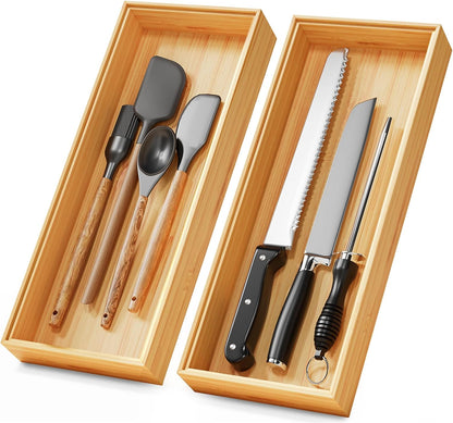 Long Bamboo Kitchen Drawer Organizer Boxes 17" x 6" Wood Pantry Organizers | Set of 2 Stackable Wooden Silverware Utensil Tray for Drawers Bins Cutlery & Flatware Storage for Junk Drawer Bathroom Rv