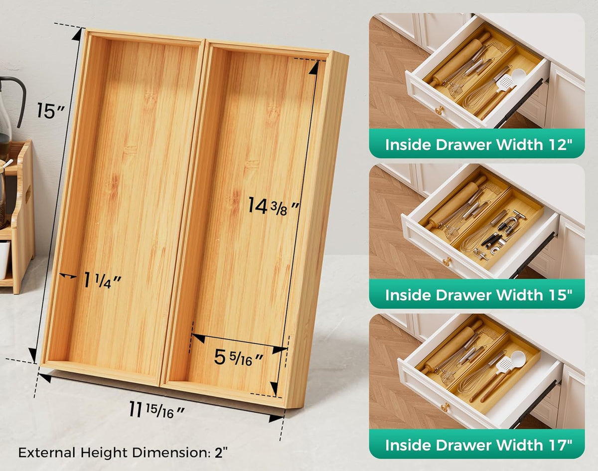 Long Bamboo Kitchen Drawer Organizer Boxes 17" x 6" Wood Pantry Organizers | Set of 2 Stackable Wooden Silverware Utensil Tray for Drawers Bins Cutlery & Flatware Storage for Junk Drawer Bathroom Rv