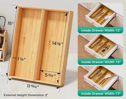 Long Bamboo Kitchen Drawer Organizer Boxes 17" x 6" Wood Pantry Organizers | Set of 2 Stackable Wooden Silverware Utensil Tray for Drawers Bins Cutlery & Flatware Storage for Junk Drawer Bathroom Rv