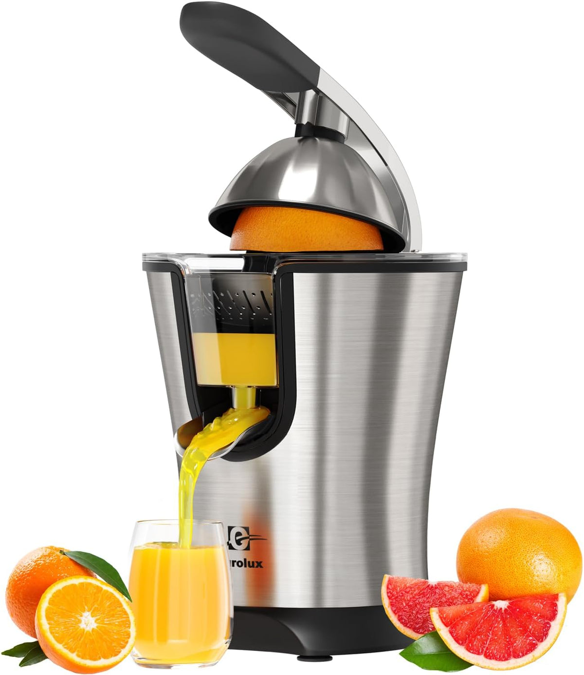 Premium Electric Orange Juicer | Stainless Steel Citrus Squeezer With New Ultra-Powerful Motor and Soft Grip Handle for Effortless Juicing, Auto Shutoff, Dishwasher-safe Parts, Pulp Control