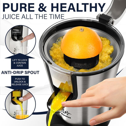 Premium Electric Orange Juicer | Stainless Steel Citrus Squeezer With New Ultra-Powerful Motor and Soft Grip Handle for Effortless Juicing, Auto Shutoff, Dishwasher-safe Parts, Pulp Control