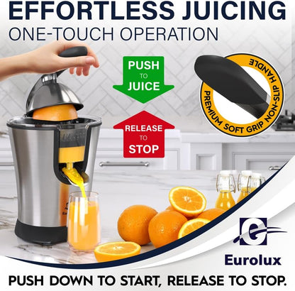 Premium Electric Orange Juicer | Stainless Steel Citrus Squeezer With New Ultra-Powerful Motor and Soft Grip Handle for Effortless Juicing, Auto Shutoff, Dishwasher-safe Parts, Pulp Control