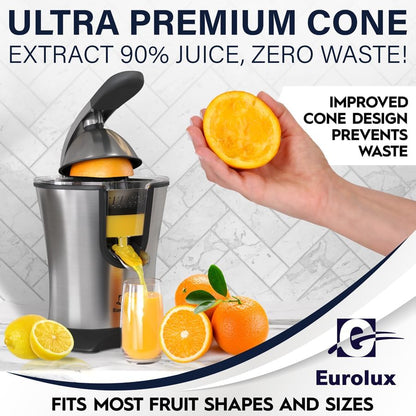 Premium Electric Orange Juicer | Stainless Steel Citrus Squeezer With New Ultra-Powerful Motor and Soft Grip Handle for Effortless Juicing, Auto Shutoff, Dishwasher-safe Parts, Pulp Control