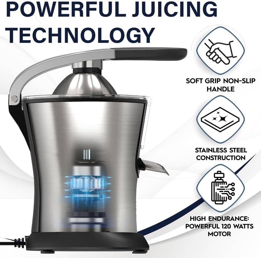 Premium Electric Orange Juicer | Stainless Steel Citrus Squeezer With New Ultra-Powerful Motor and Soft Grip Handle for Effortless Juicing, Auto Shutoff, Dishwasher-safe Parts, Pulp Control