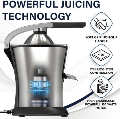 Premium Electric Orange Juicer | Stainless Steel Citrus Squeezer With New Ultra-Powerful Motor and Soft Grip Handle for Effortless Juicing, Auto Shutoff, Dishwasher-safe Parts, Pulp Control