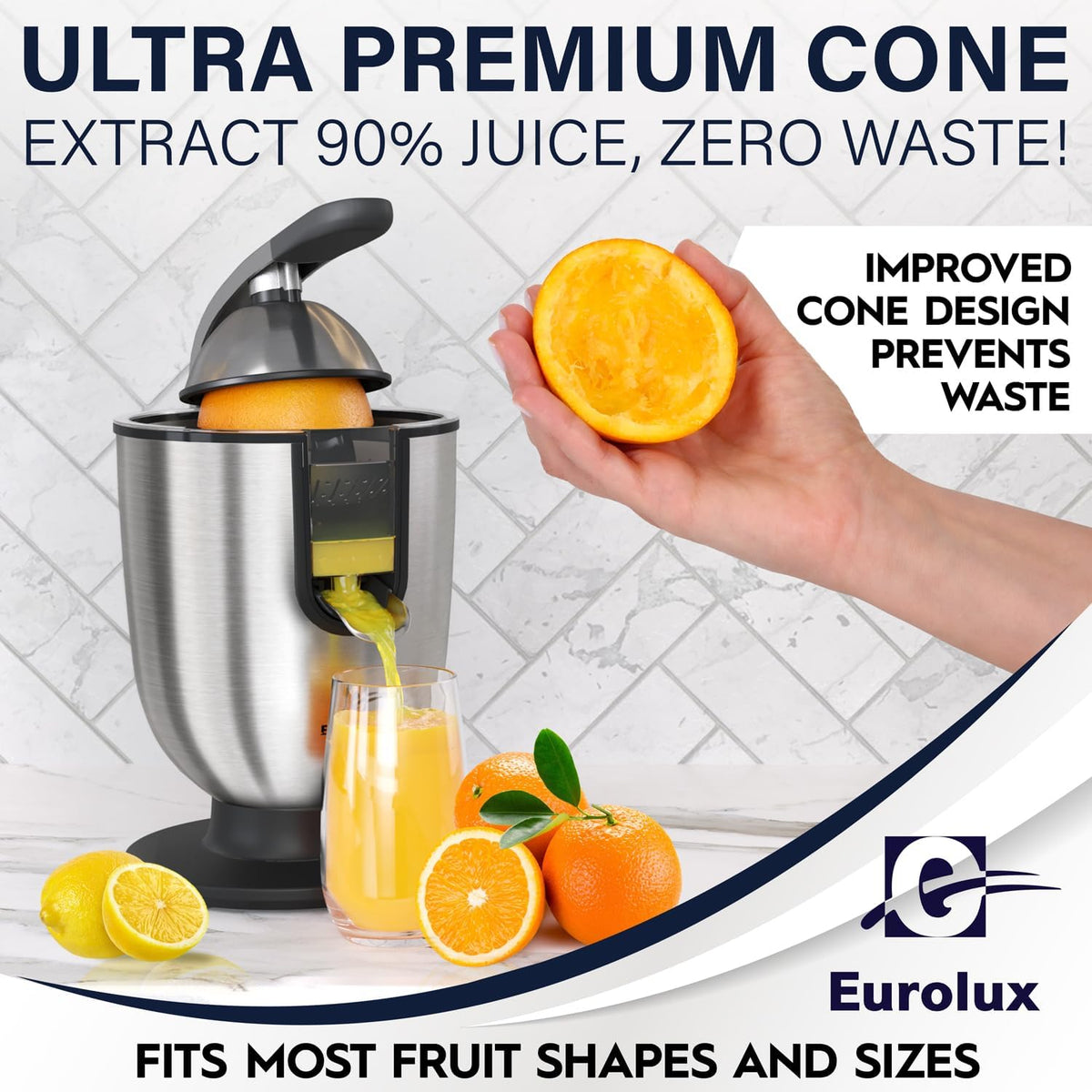 Premium Electric Orange Juicer | Stainless Steel Citrus Squeezer With New Ultra-Powerful Motor and Soft Grip Handle for Effortless Juicing, Auto Shutoff, Dishwasher-safe Parts, Pulp Control