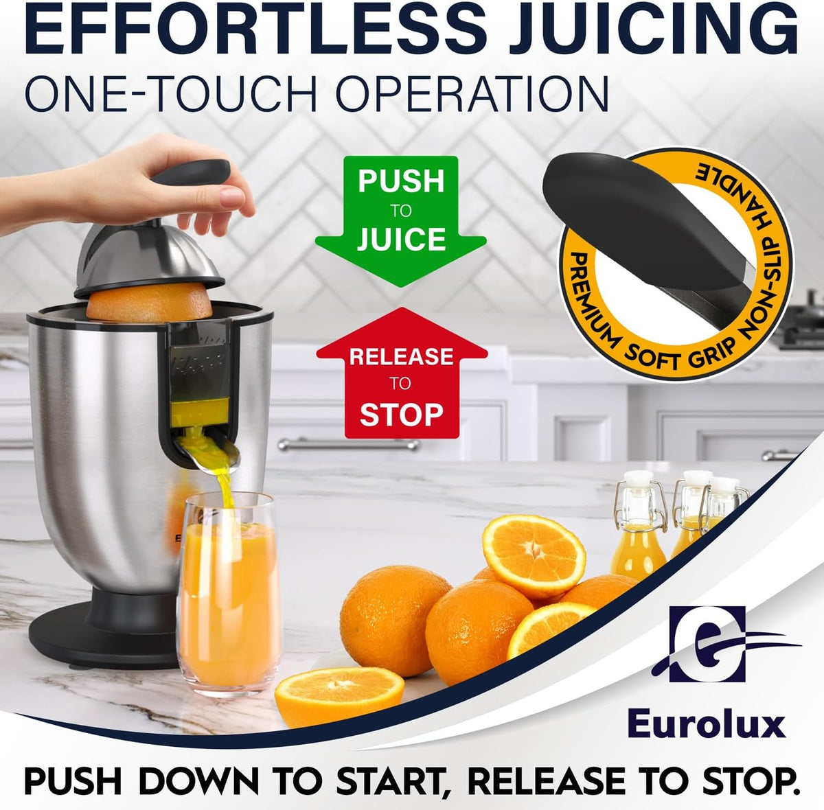 Premium Electric Orange Juicer | Stainless Steel Citrus Squeezer With New Ultra-Powerful Motor and Soft Grip Handle for Effortless Juicing, Auto Shutoff, Dishwasher-safe Parts, Pulp Control