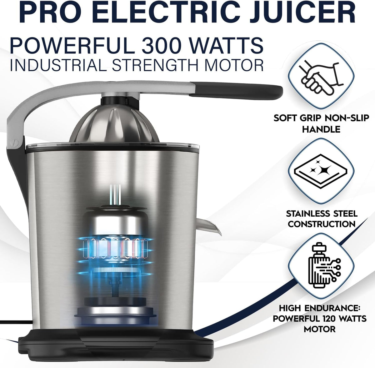 Premium Electric Orange Juicer | Stainless Steel Citrus Squeezer With New Ultra-Powerful Motor and Soft Grip Handle for Effortless Juicing, Auto Shutoff, Dishwasher-safe Parts, Pulp Control