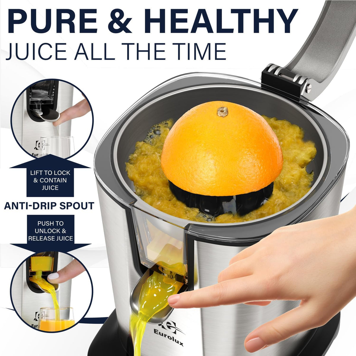 Premium Electric Orange Juicer | Stainless Steel Citrus Squeezer With New Ultra-Powerful Motor and Soft Grip Handle for Effortless Juicing, Auto Shutoff, Dishwasher-safe Parts, Pulp Control
