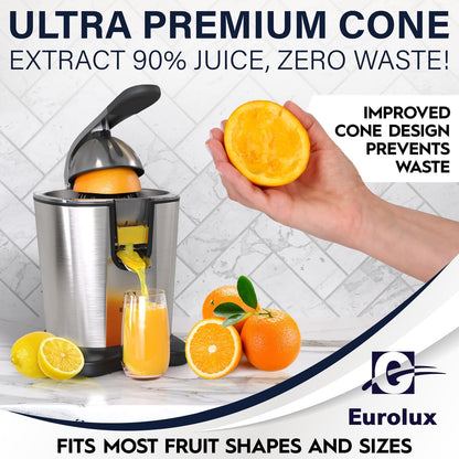 Premium Electric Orange Juicer | Stainless Steel Citrus Squeezer With New Ultra-Powerful Motor and Soft Grip Handle for Effortless Juicing, Auto Shutoff, Dishwasher-safe Parts, Pulp Control