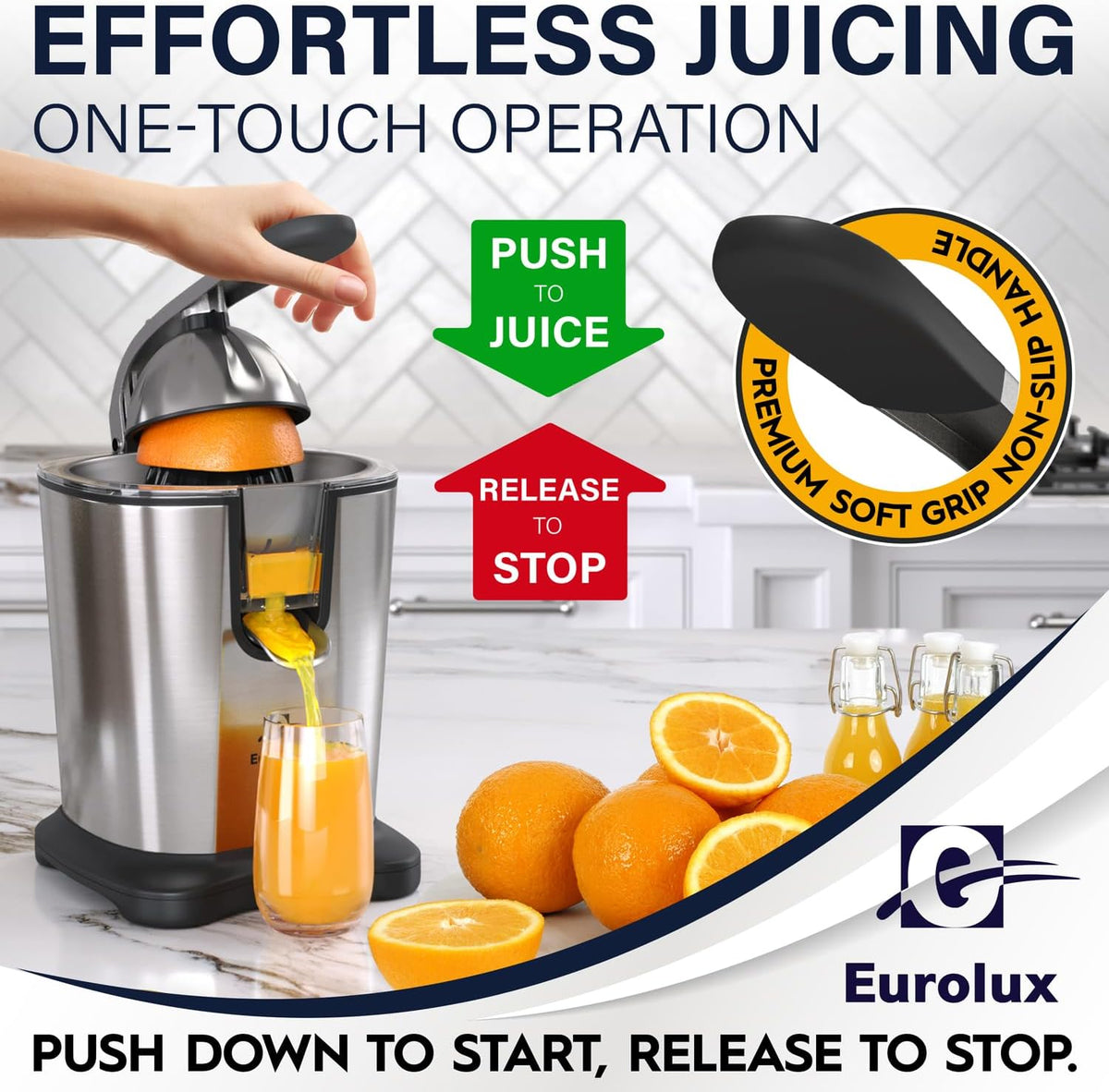Premium Electric Orange Juicer | Stainless Steel Citrus Squeezer With New Ultra-Powerful Motor and Soft Grip Handle for Effortless Juicing, Auto Shutoff, Dishwasher-safe Parts, Pulp Control