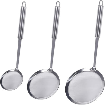 Fine Mesh Skimmer Spoon, Professional 304 Stainless Steel Hot Pot Fat Strainer for Oil Filter Skimming Grease and Foam, Durable Multi-Functional Kitchen Cooking Mesh Food Strainer Ladle-3 Pack