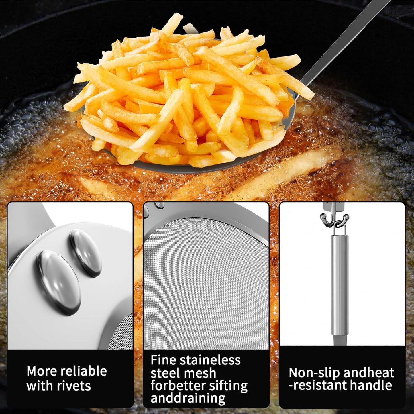 Fine Mesh Skimmer Spoon, Professional 304 Stainless Steel Hot Pot Fat Strainer for Oil Filter Skimming Grease and Foam, Durable Multi-Functional Kitchen Cooking Mesh Food Strainer Ladle-3 Pack