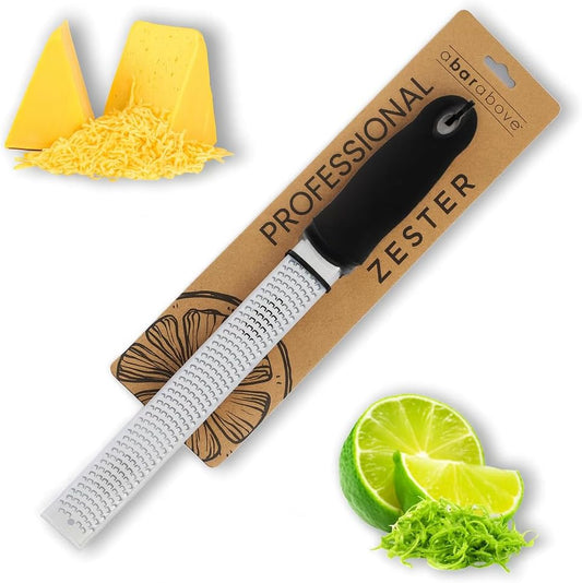 Lemon Zester and Cheese Grater, Professional, 12 Inch, Black | Stainless Steel Hand Tool, For Citrus, Parmesan, Ginger, Chocolate, Dishwasher Safe Kitchen Use, Ergonomic Grip, Bar Favorite