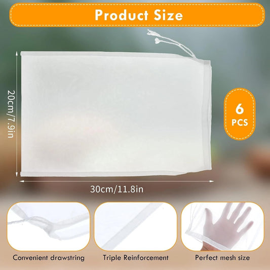6Pcs 12 x 8 Inch Nylon Nut Milk Bag Nut Bag Strainer Fine Mesh Cheese Cloth Reusable 200 Mesh Fine Mesh Bag for Straining Fruit Juice Coffee Tea Yogurt Cheese Tofu Cold Brew Filter Bag