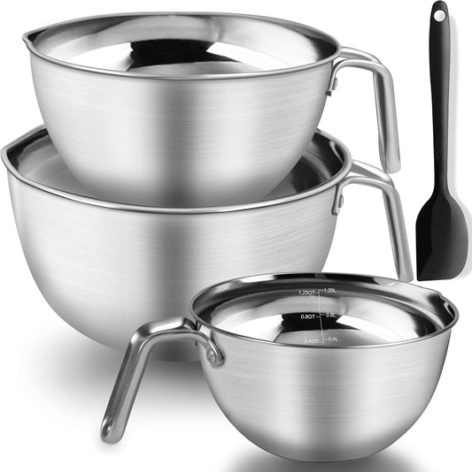 Stainless Steel Mixing Bowls With Handle And Pour Spout,3 Pieces Of Thick Stainless Steel Nesting Storage Bowls With Silicone Spatula for Kitchen Use,Size 1.1/1.8/2.3 Quart