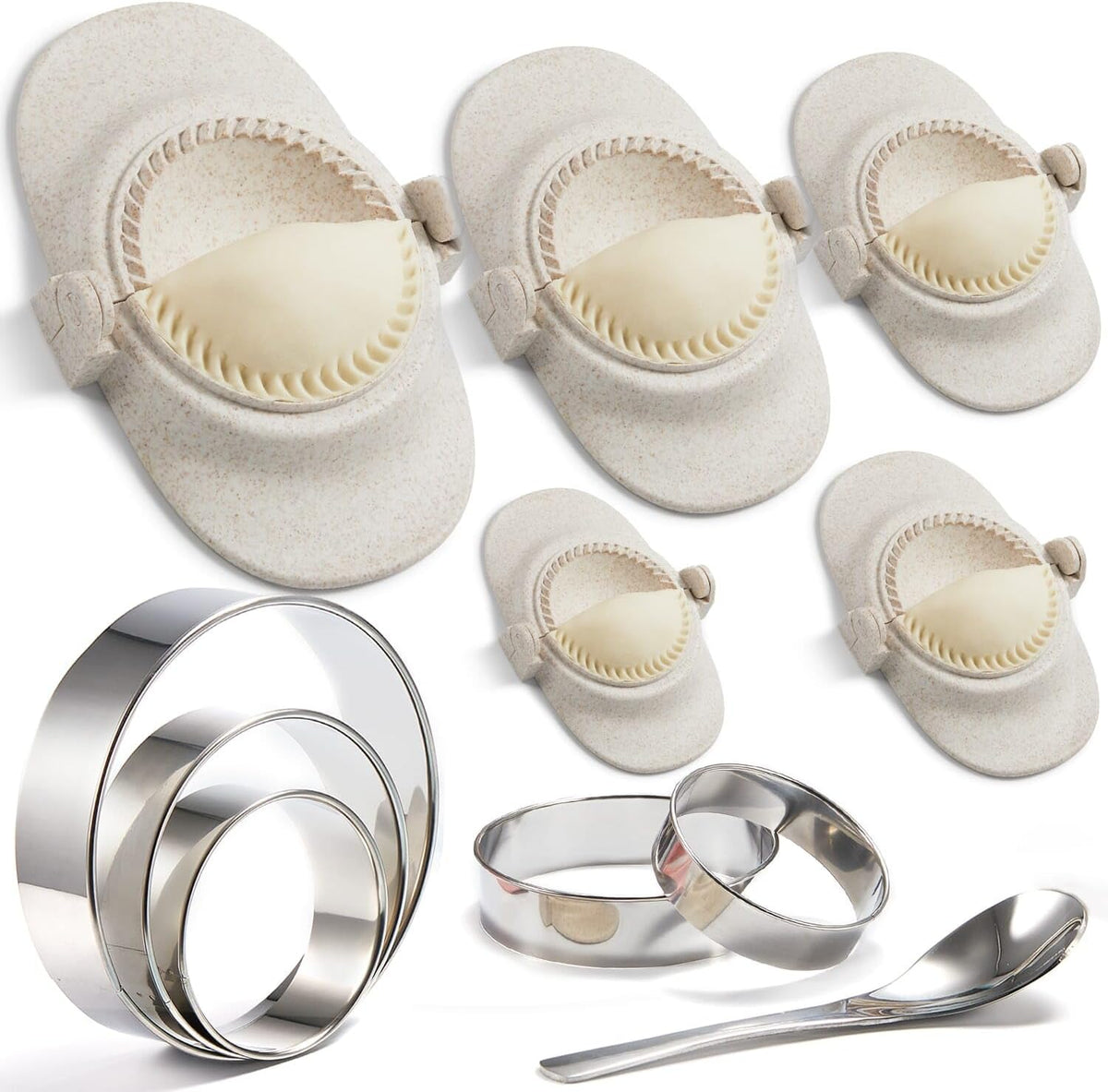 Empanada Maker Press, Large Dumpling Maker Set (6"/5"/4"/3"/2.6") | 5Sizes Extra Large Dumpling Maker Mold Set with Dough Cutter for Pierogi, Pastelitos, Calzone, Turnovers