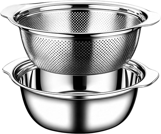 Colander for Kitchen, 1.5 QT 18/8 Stainless Steel Colander, Stainless Steel Strainer with Mixing Bowl, Rice Strainer with Handle for Washing Vegetables, Fruit, Rice, and Pasta (2 PC)