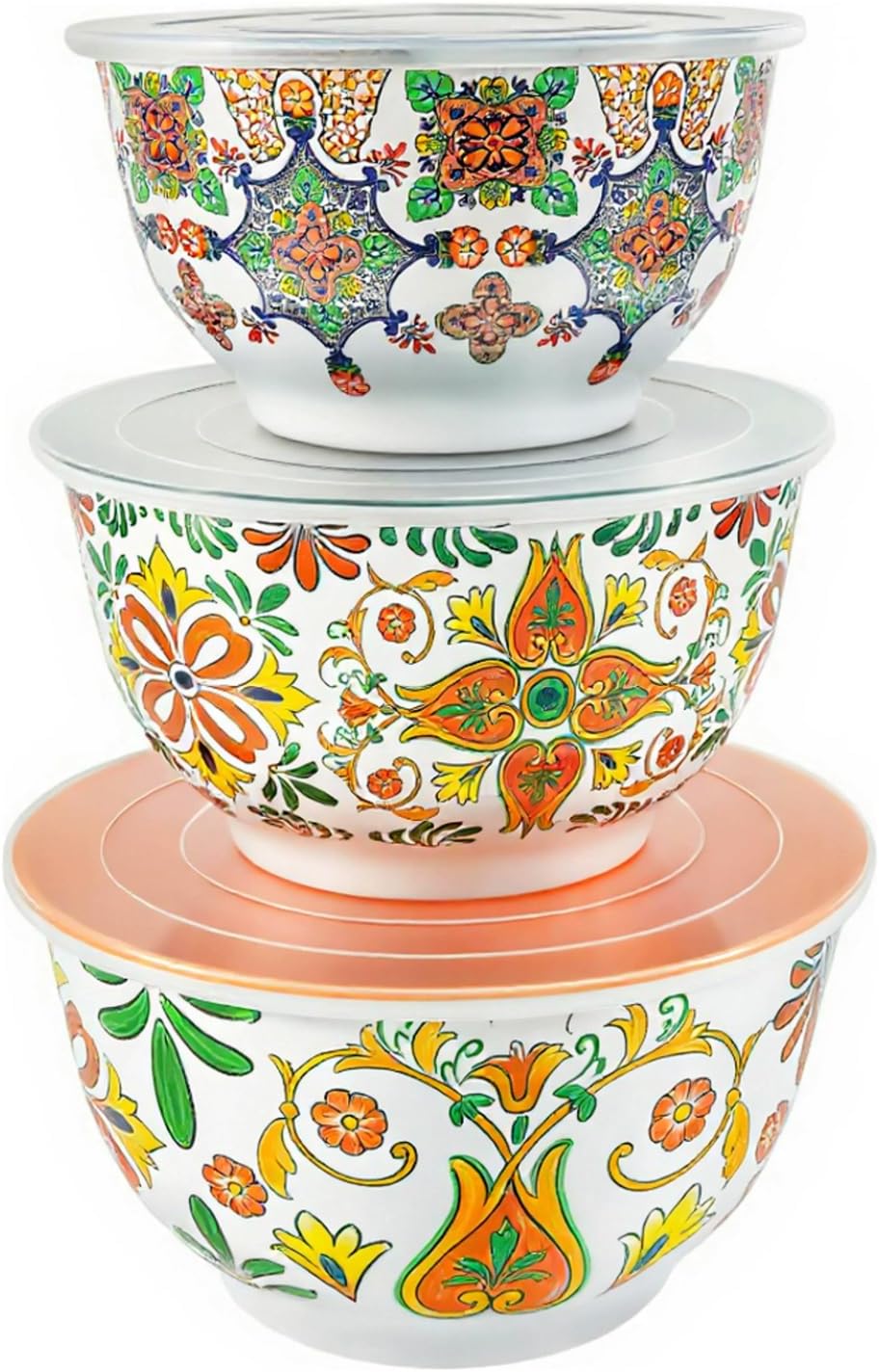 TP Melamine Mixing Bowl Set with Lids, Salad Bowl Set of 3, Aztec Bloom