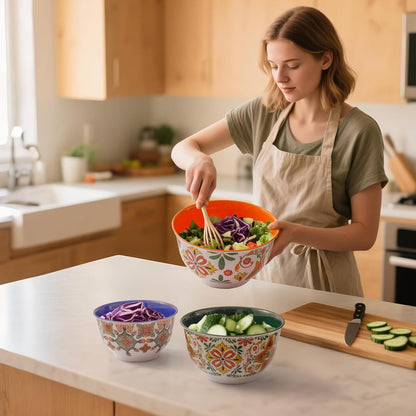TP Melamine Mixing Bowl Set with Lids, Salad Bowl Set of 3, Aztec Bloom