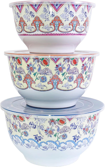 TP Melamine Mixing Bowl Set with Lids, Salad Bowl Set of 3, Aztec Bloom