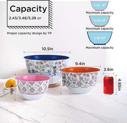 TP Melamine Mixing Bowl Set with Lids, Salad Bowl Set of 3, Aztec Bloom