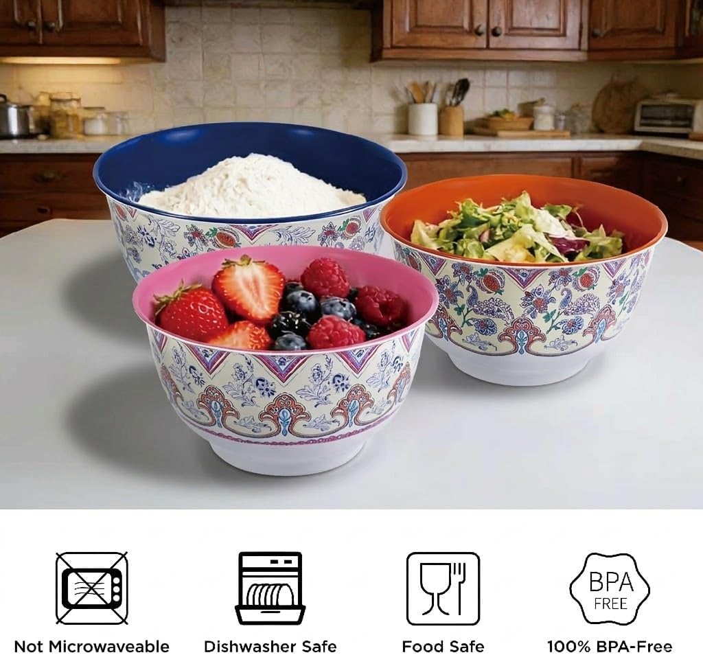 TP Melamine Mixing Bowl Set with Lids, Salad Bowl Set of 3, Aztec Bloom