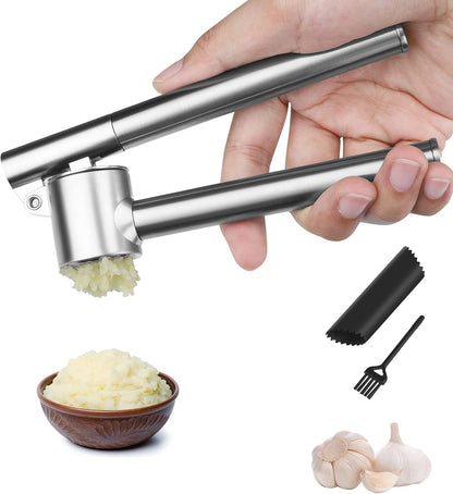 Garlic Press Garlic Mincer & Crusher Stainless Steel Garlic Press Set for Kitchen with Brush & Peeler, Kitchen for Garlic, Garlic Presser Easy to Clean Easy Squeeze Rust Proof (Small A - Set)