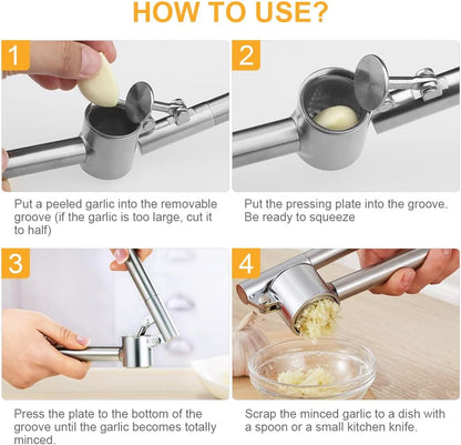 Garlic Press Garlic Mincer & Crusher Stainless Steel Garlic Press Set for Kitchen with Brush & Peeler, Kitchen for Garlic, Garlic Presser Easy to Clean Easy Squeeze Rust Proof (Small A - Set)