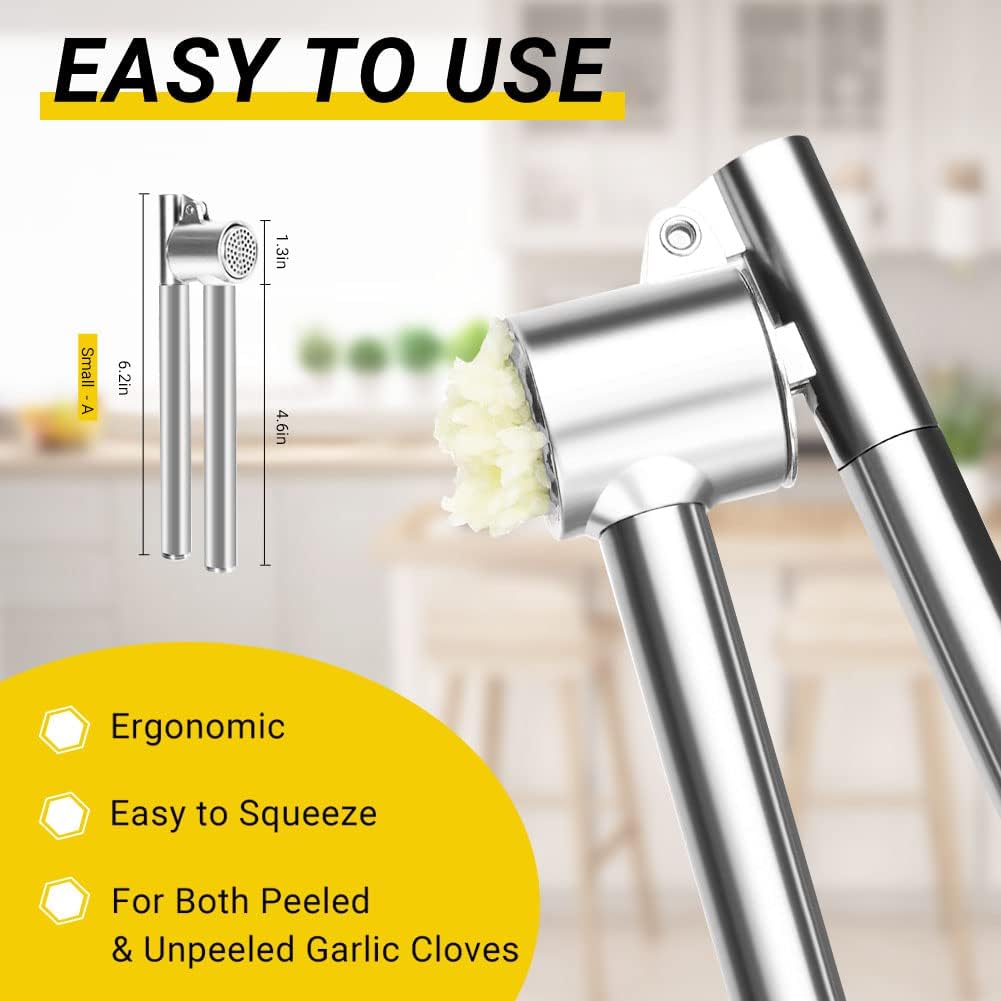 Garlic Press Garlic Mincer & Crusher Stainless Steel Garlic Press Set for Kitchen with Brush & Peeler, Kitchen for Garlic, Garlic Presser Easy to Clean Easy Squeeze Rust Proof (Small A - Set)