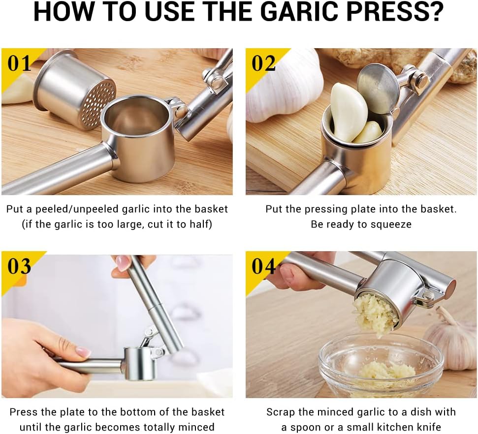 Garlic Press Garlic Mincer & Crusher Stainless Steel Garlic Press Set for Kitchen with Brush & Peeler, Kitchen for Garlic, Garlic Presser Easy to Clean Easy Squeeze Rust Proof (Small A - Set)