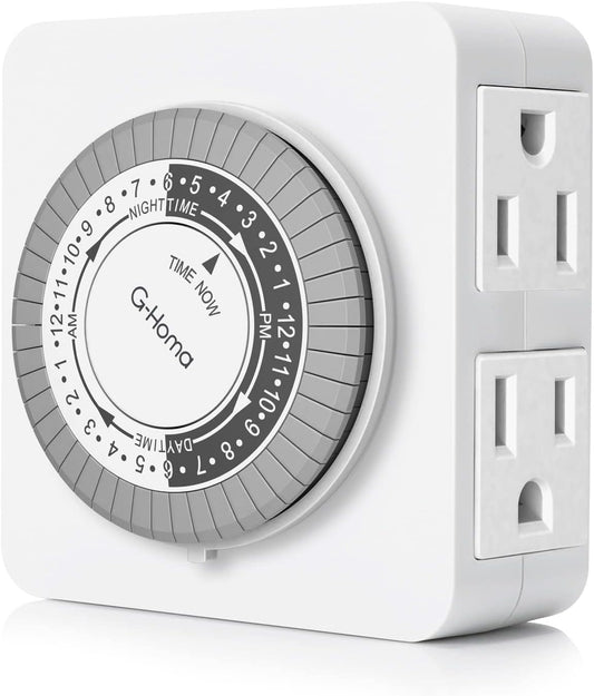 24-Hour Mechanical Timer Outlet with 2 Grounded Outlets - For Lamps, Holiday Lights