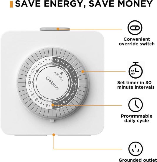 24-Hour Mechanical Timer Outlet with 2 Grounded Outlets - For Lamps, Holiday Lights