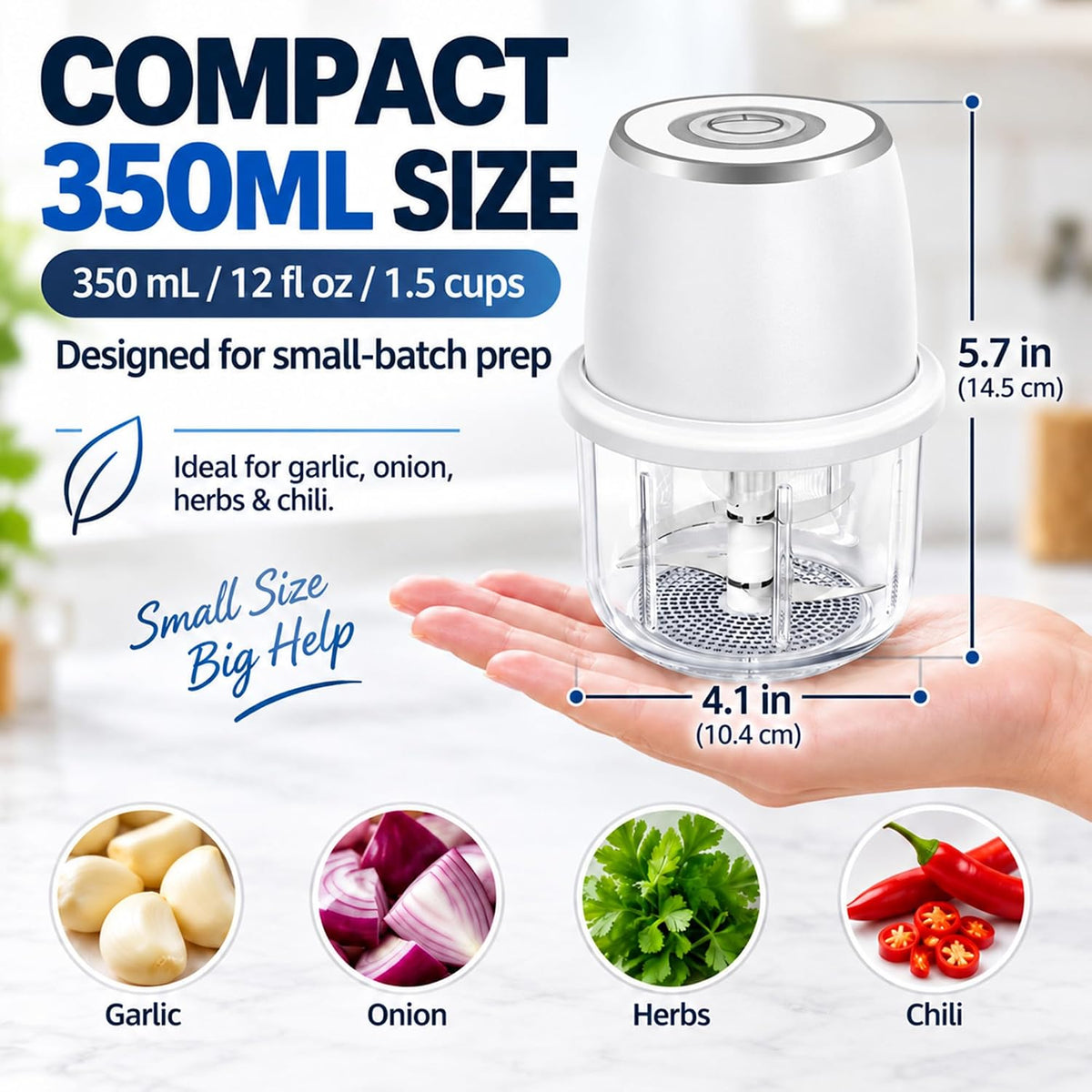 Electric Garlic Chopper With Glass Bowl Cordless Mini Food Processor（White）