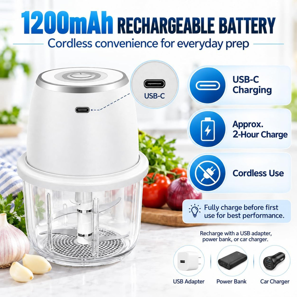 Electric Garlic Chopper With Glass Bowl Cordless Mini Food Processor（White）
