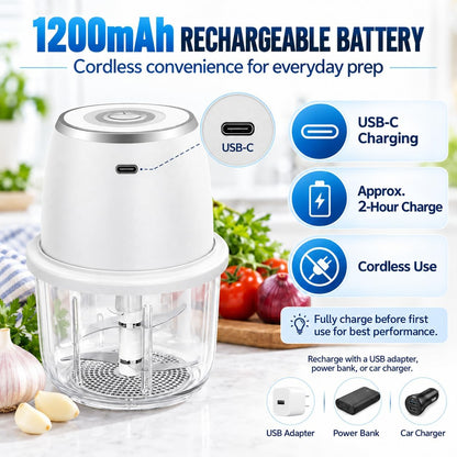Electric Garlic Chopper With Glass Bowl Cordless Mini Food Processor（White）