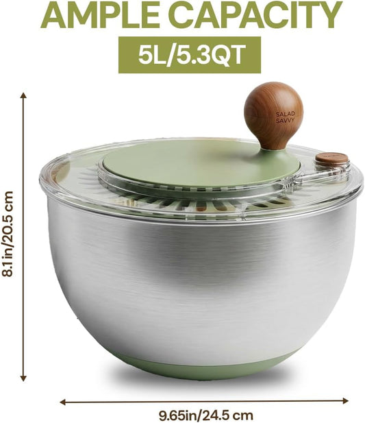 5.3QT Stainless Steel Salad Spinner - Large Salad Spinner with Non-Slip Base, Drain Hole and Stop Button- Dish Washer Safe Vegetable Spinner