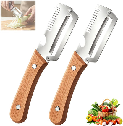 2Pcs Multifunctional Vegetable Peeler,Wooden Kitchen Tool with Bottle Opener,3 in 1 Kitchen Gadgets Stainless Steel Peelers for Fruit Veggie