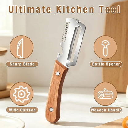 2Pcs Multifunctional Vegetable Peeler,Wooden Kitchen Tool with Bottle Opener,3 in 1 Kitchen Gadgets Stainless Steel Peelers for Fruit Veggie