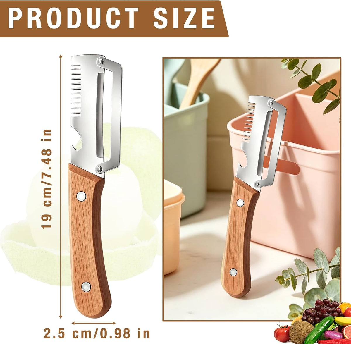 2Pcs Multifunctional Vegetable Peeler,Wooden Kitchen Tool with Bottle Opener,3 in 1 Kitchen Gadgets Stainless Steel Peelers for Fruit Veggie