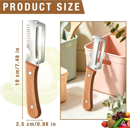 2Pcs Multifunctional Vegetable Peeler,Wooden Kitchen Tool with Bottle Opener,3 in 1 Kitchen Gadgets Stainless Steel Peelers for Fruit Veggie