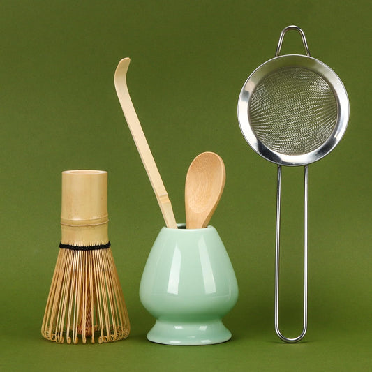 Matcha Whisk Set,Bamboo Matcha Whisk (Chasen),Traditional Scoop(Chashaku),Stainless Steel Sifter,Tea Spoon,Ceramic Holder,Japanese Tea Tools For Ceremony