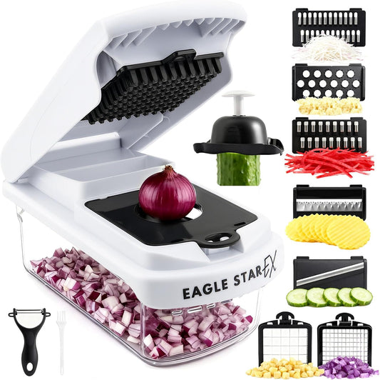 Vegetable Chopper Mandoline Slicer, Food Veggie Chopper, Cheese Grater, Onion Vegetable Cutter with Container, Dicer, Kitchen Gadgets & Essentials, White/black