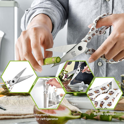 Kitchen Scissors Heavy Duty Kitchen Shears with Magnetic Holder Made with Japanese Steel 4034, Multipurpose Ultra Sharp Cooking Scissors for Meat/Vegetables/BBQ/Herbs/Pizza (Graphic,Cow)